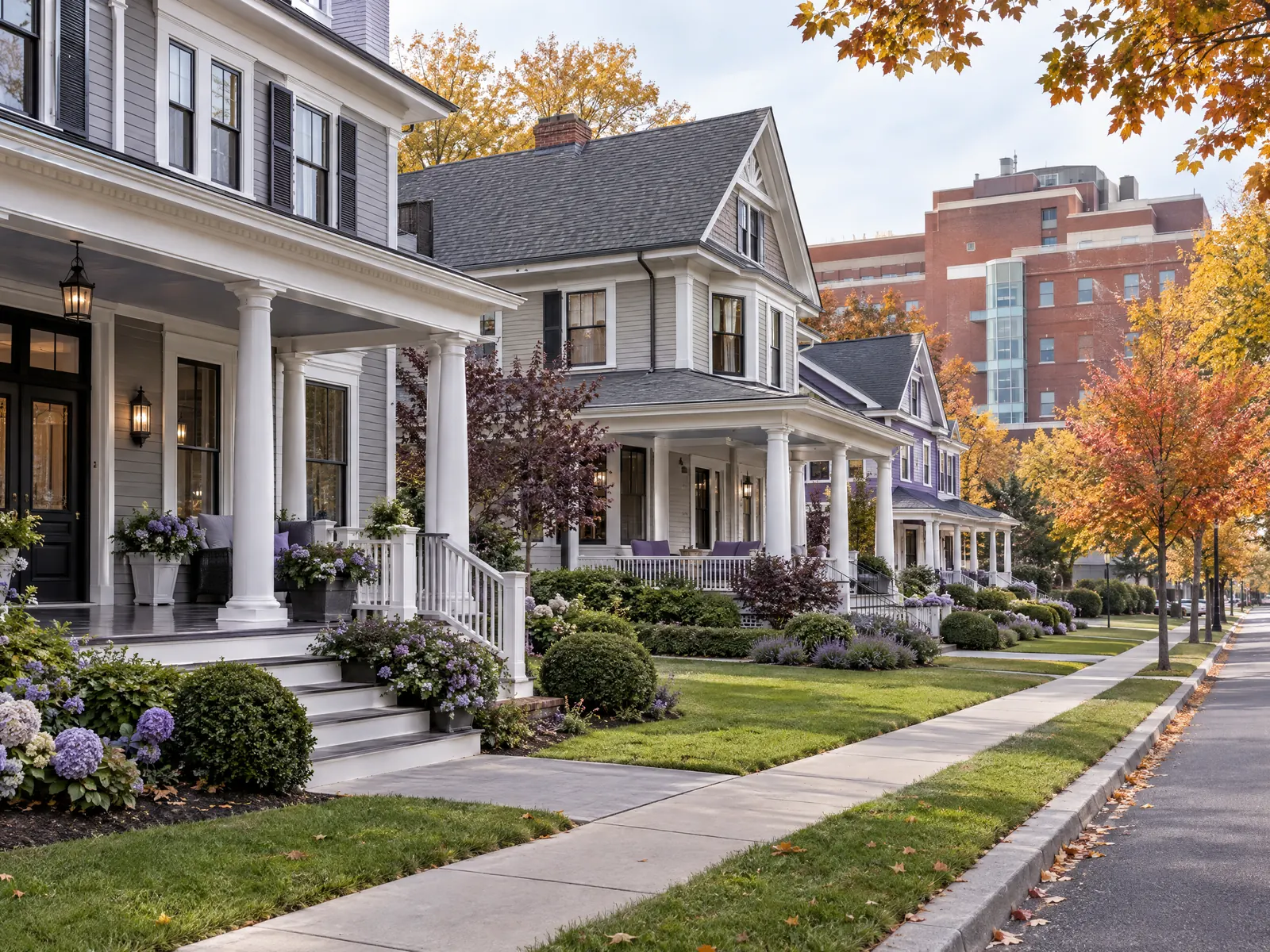 Large porched houses used as offices on a leafy street with a brick hospital beyond