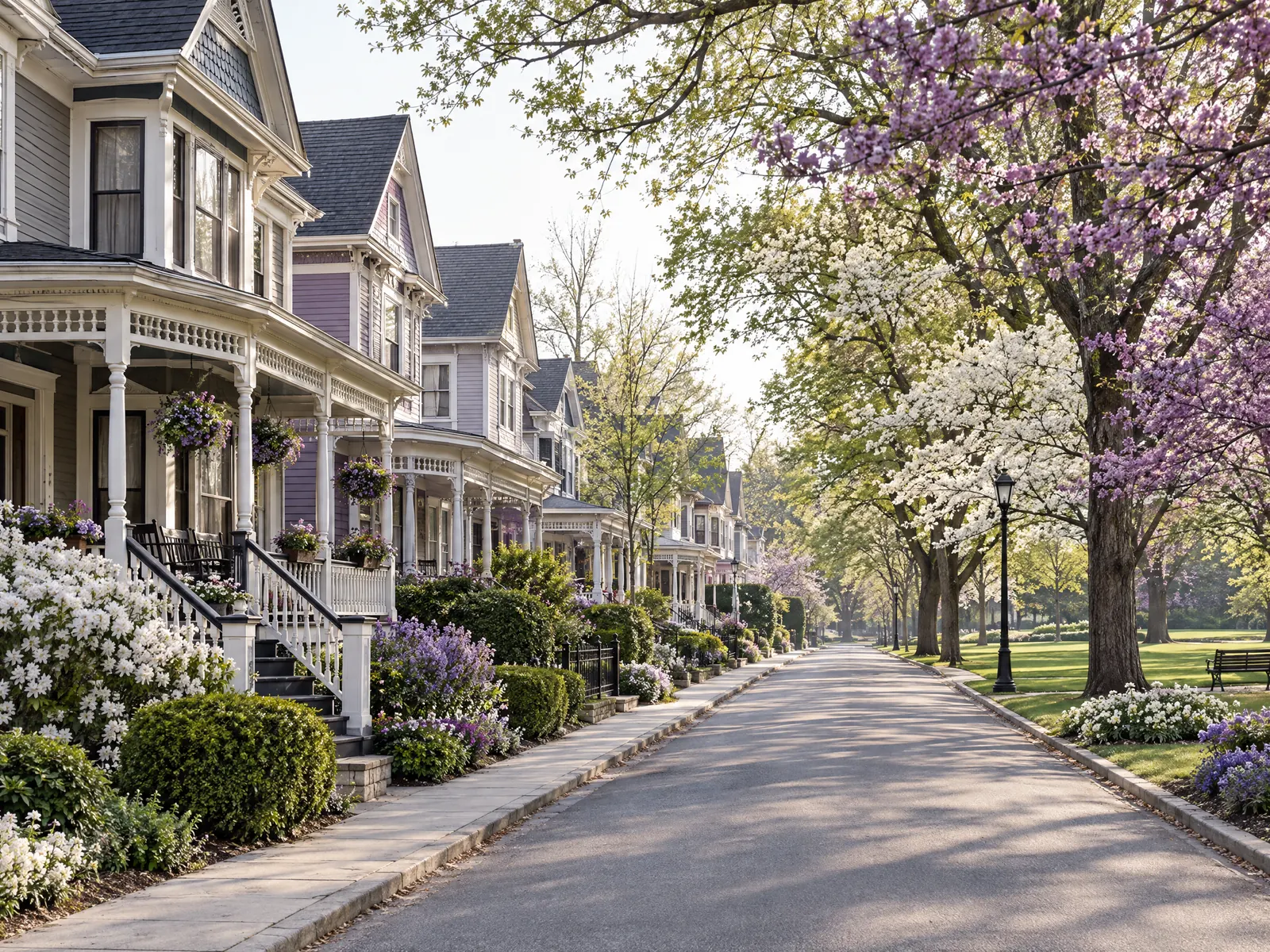 Victorian houses with porches facing a park under purple and white spring blossoms