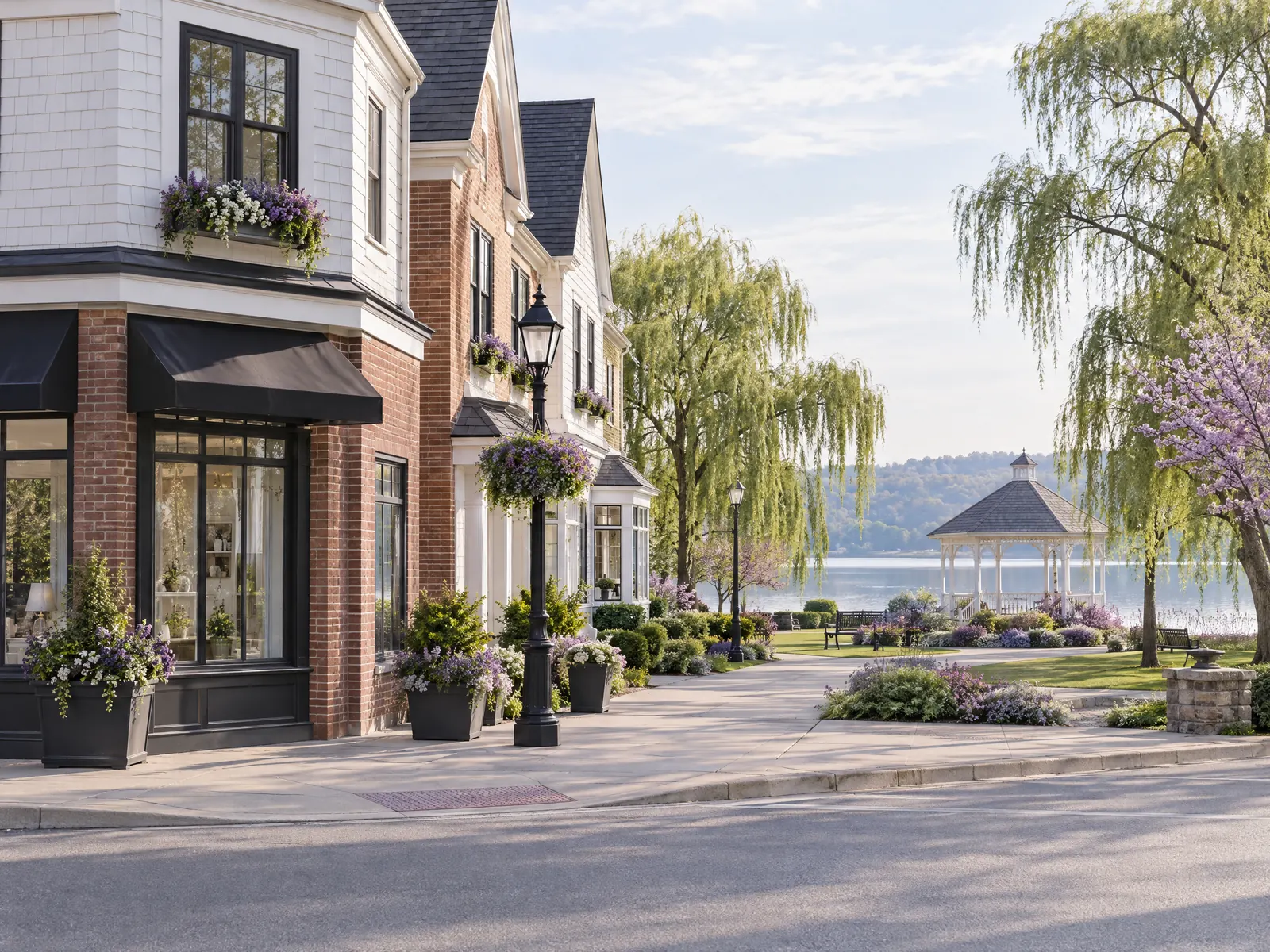 Brick and shingle shops on a corner beside a lakeside park with a white gazebo