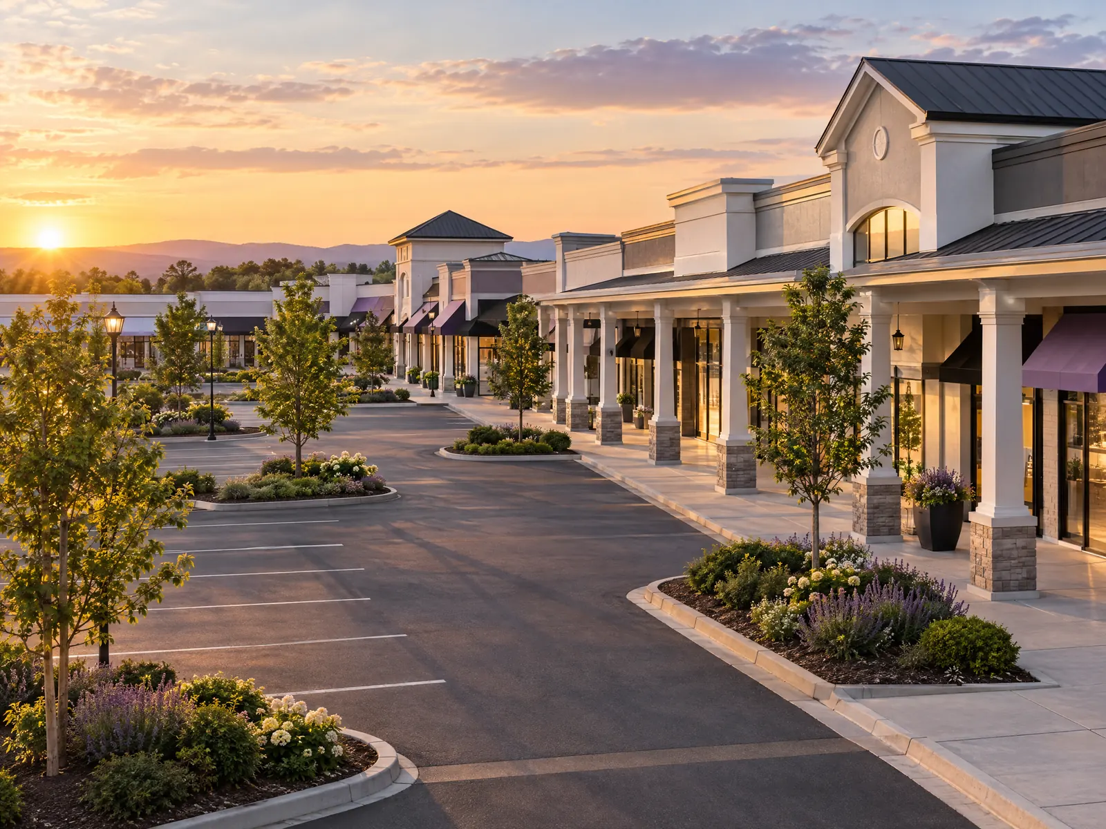 Open air shopping center with a columned walkway and landscaped parking lot at sunset