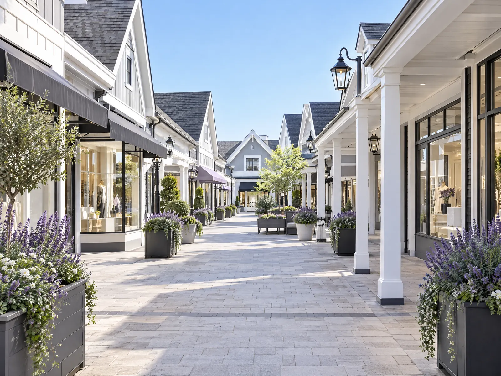 Outlet shopping walkway with white gabled storefronts and lavender planters in morning sun