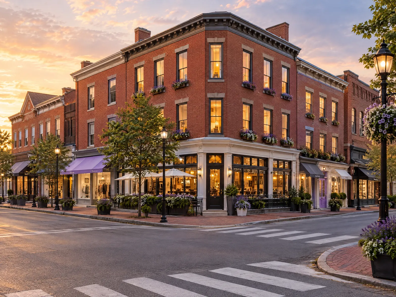 Three story brick corner building with shops and outdoor tables at a crosswalk at sunset