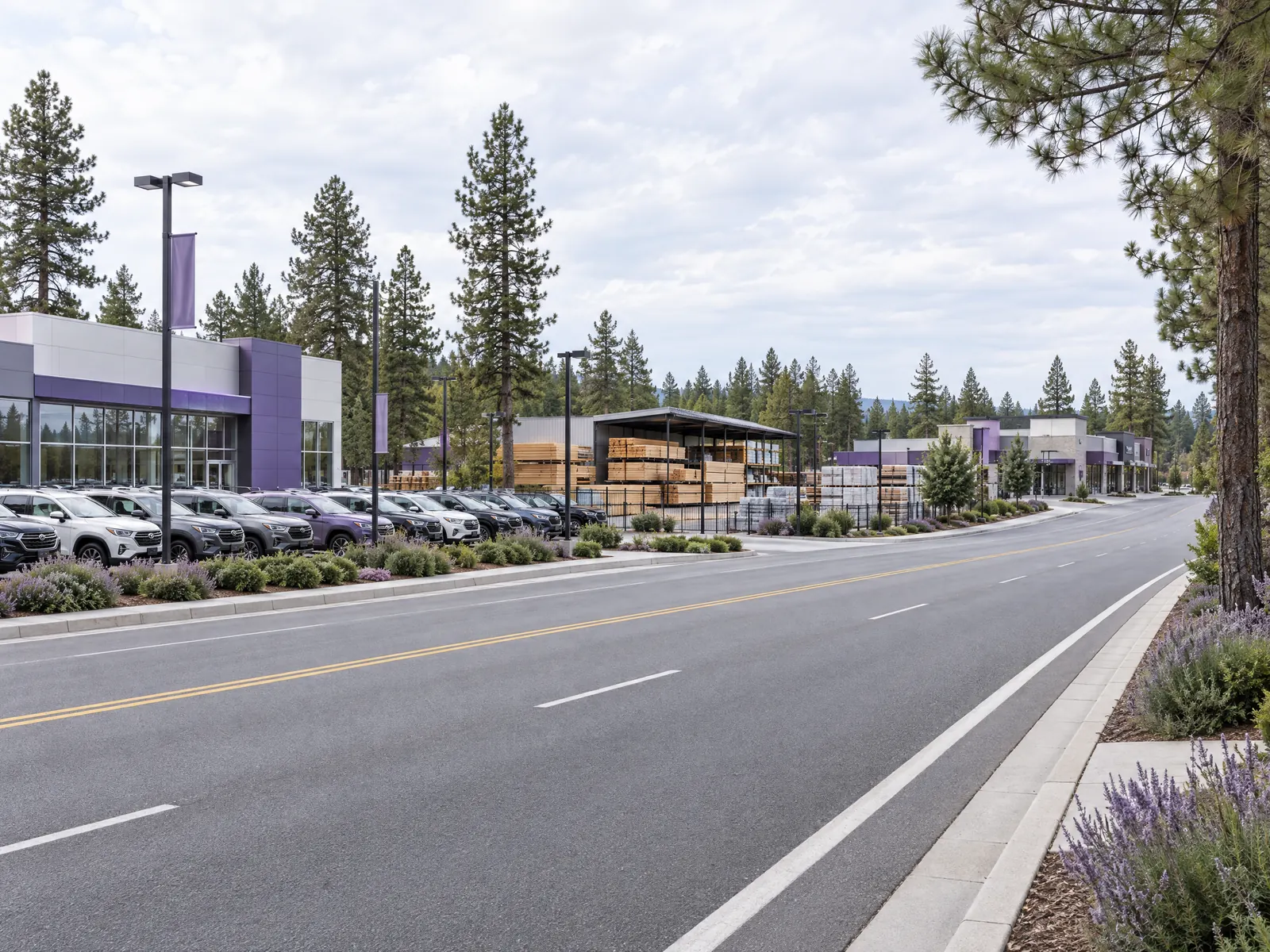 Wide road past a car lot and lumber yard among tall pines on an overcast day