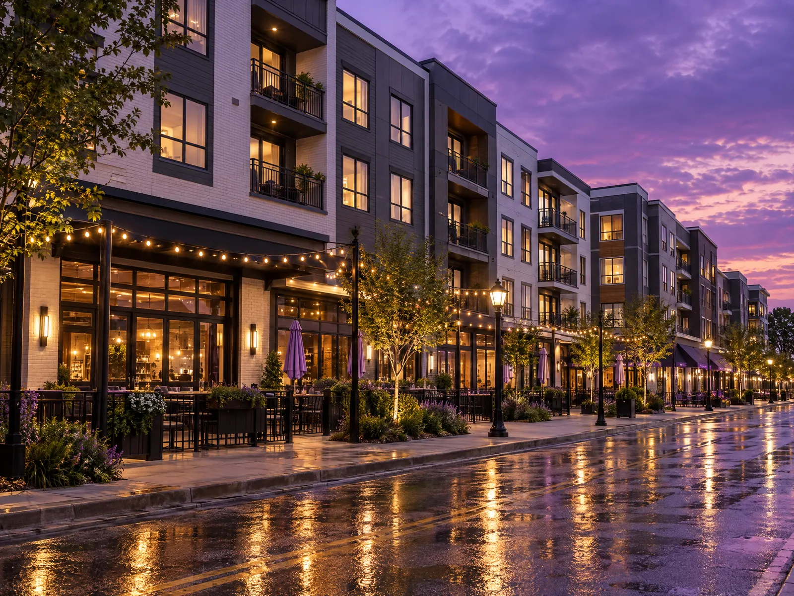 Apartment buildings above glowing restaurants with string lights on a wet street at dusk