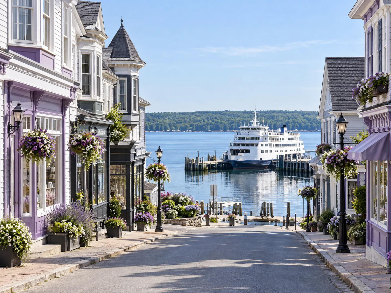 Victorian shopfronts with hanging flower baskets on a street leading down to a docked ferry