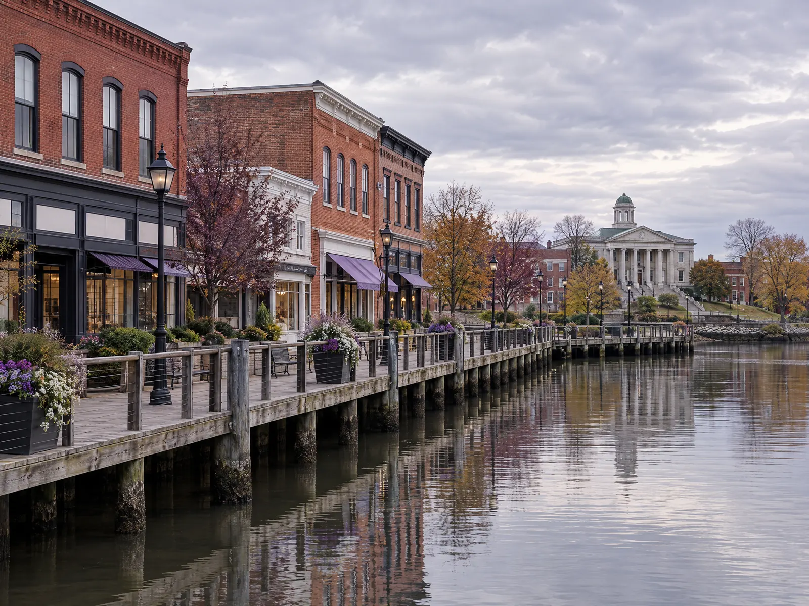 Wooden riverfront boardwalk below brick shops with a columned civic building beyond