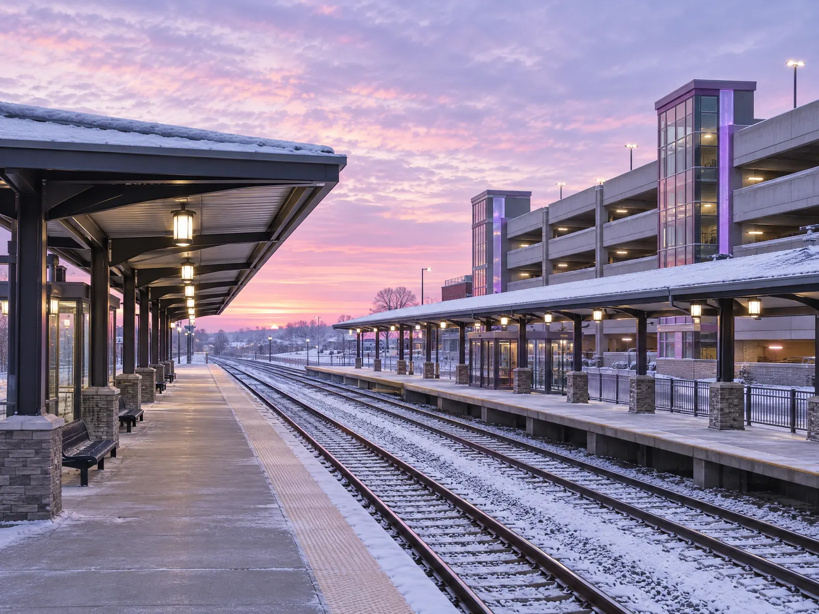 Snowy commuter rail platforms and a parking garage under a pink dawn sky