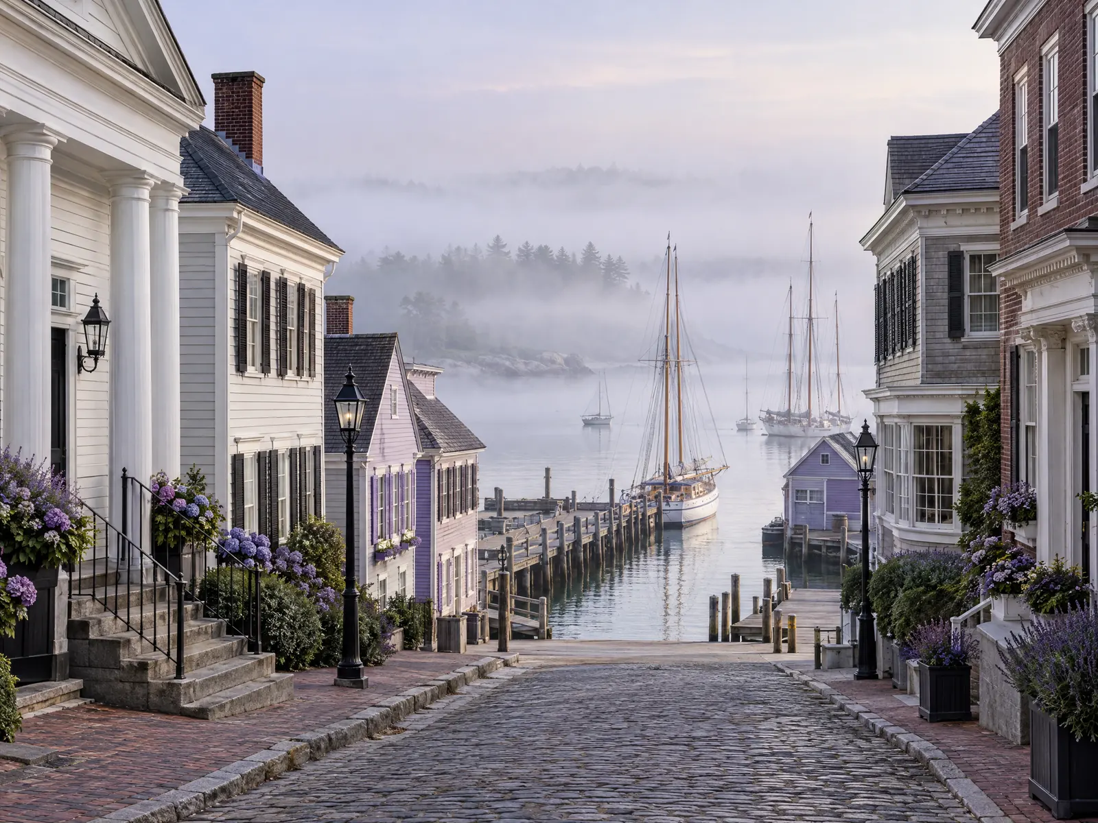 Cobblestone street of Greek revival houses leading to a foggy wharf with tall ships