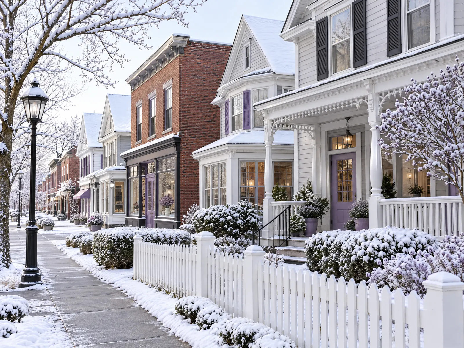 Victorian storefronts and white picket fences along a main street after fresh snow
