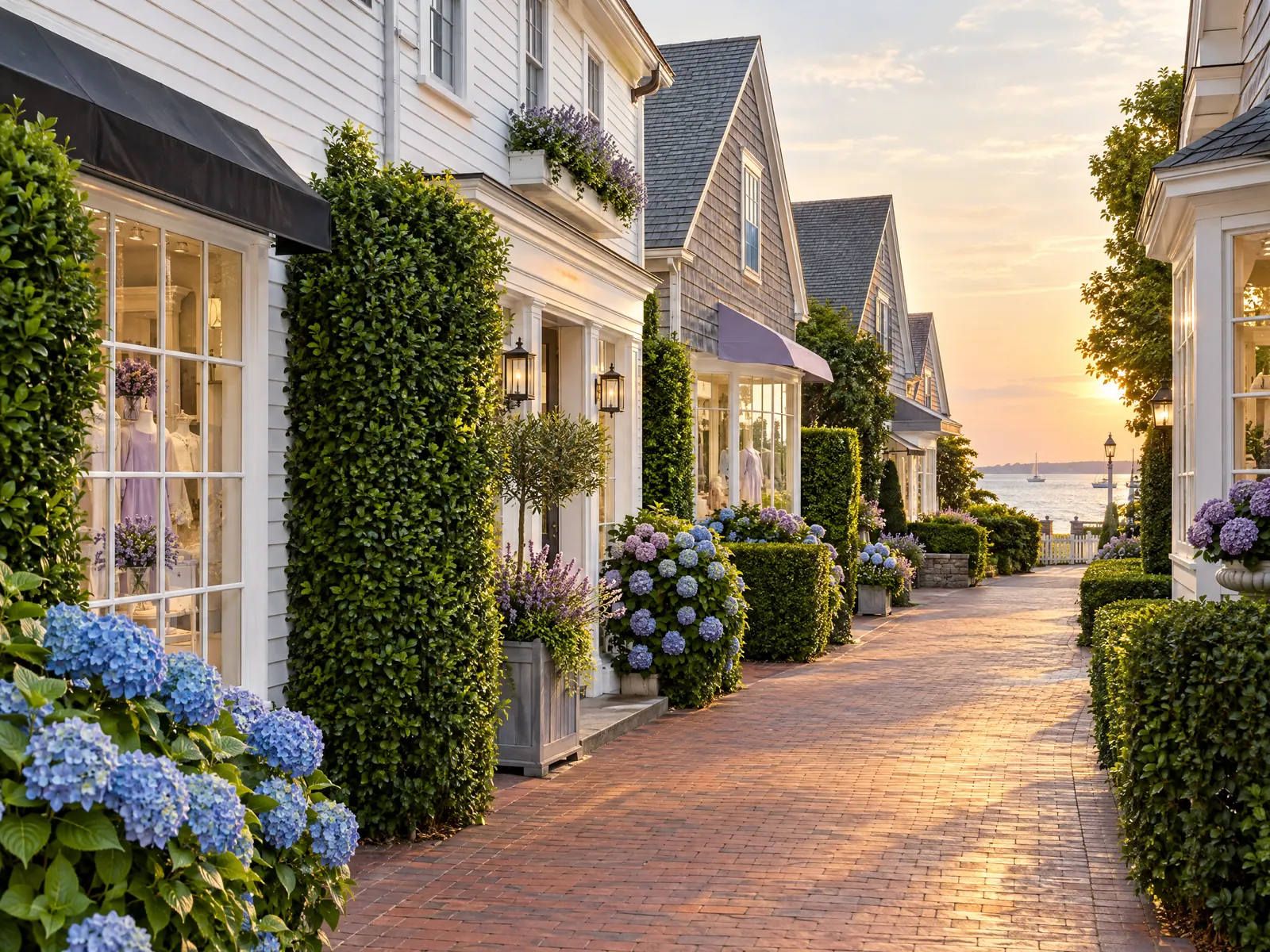 Brick path between shingled boutiques, tall hedges and blue hydrangeas toward the water at sunset