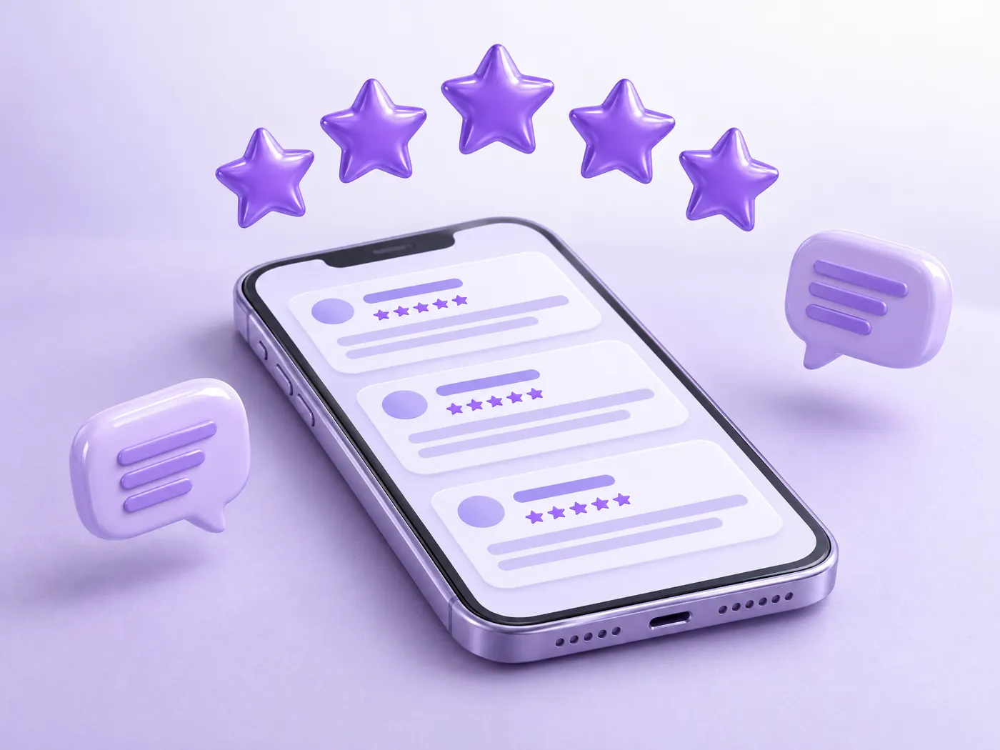 Purple stars and speech bubbles representing customer feedback