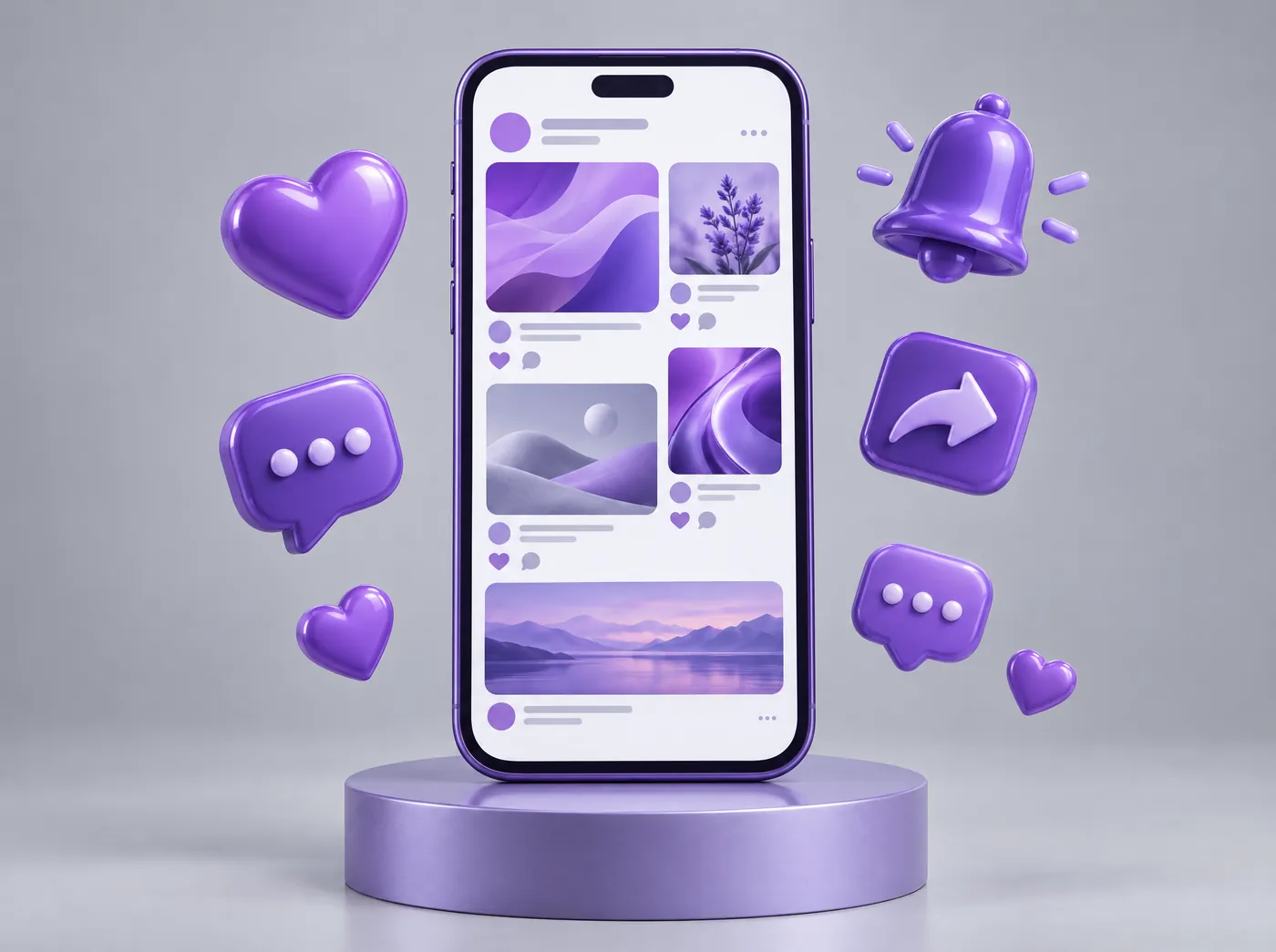 Smartphone showing a social feed surrounded by like, comment and share icons