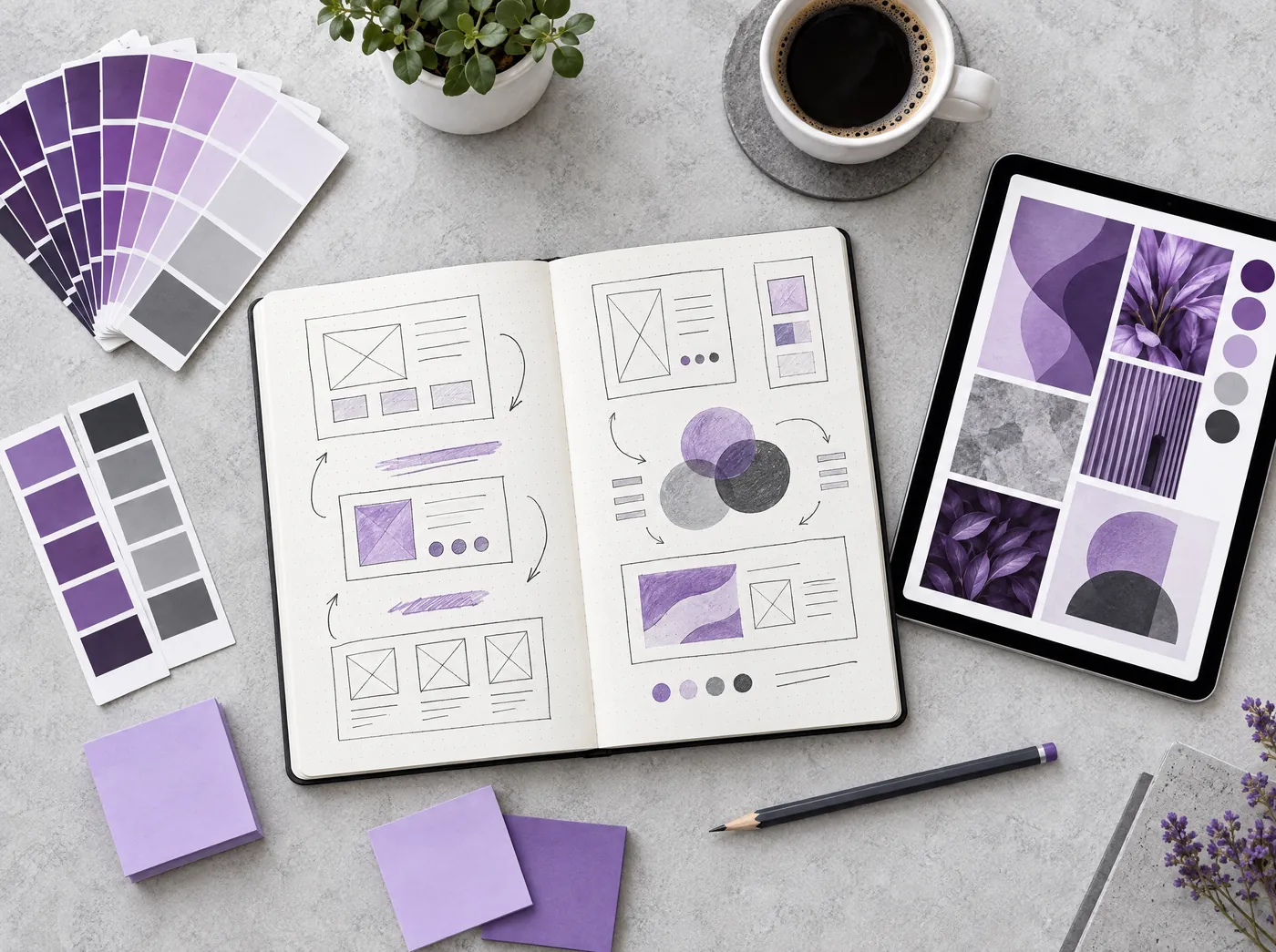 Sketchbook with website wireframes, color swatches and a tablet mood board on a desk